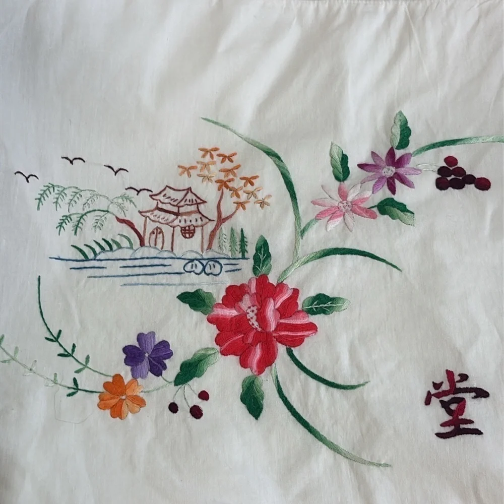 Set of Vintage White Embroidered Asian Inspired Floral Decorative Pillow Cases